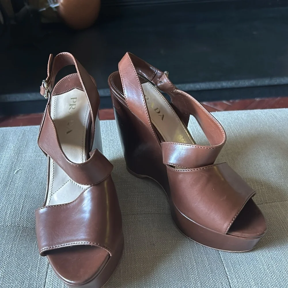 Prada Asymmetric Calfskin Wedge Sandal, Brown